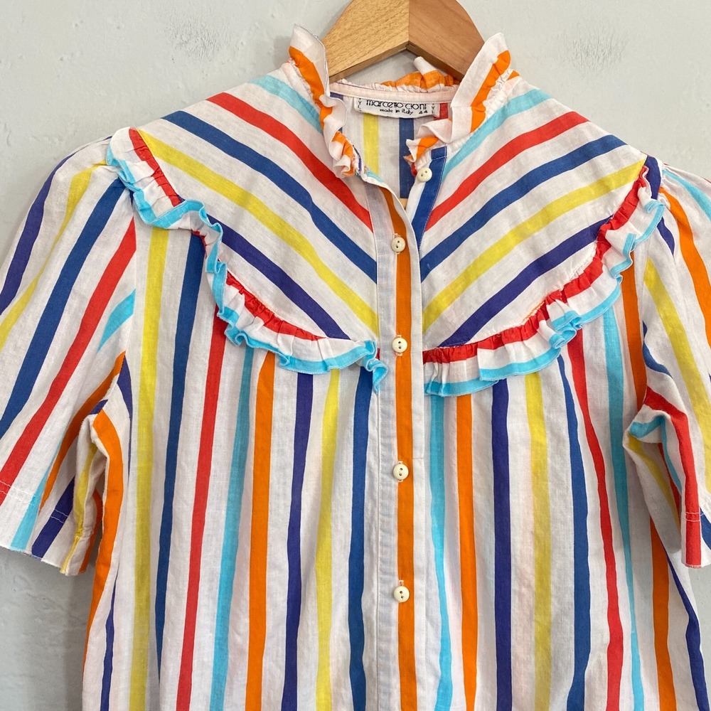 Marcello Cioni Rainbow Stripe Top Women Size 44 Button Down Short Sleeve - Picture 4 of 10